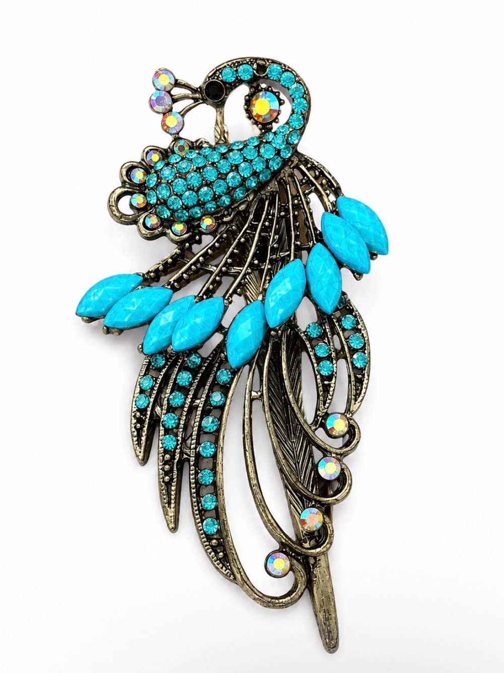 Vintage Peacock Hair Pin – Turquoise & Brass